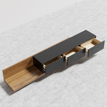 Load image into Gallery viewer, WALNUT AND BLACK ADJUSTABLE TV STAND WITH STORAGE