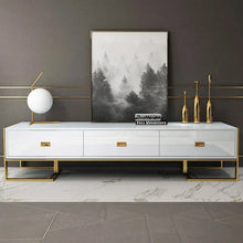 Load image into Gallery viewer, WHITE LARGE TV AND MEDIA UNIT WITH 3 DRAWERS AND GOLD BASE