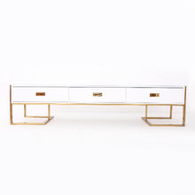Load image into Gallery viewer, WHITE LARGE TV AND MEDIA UNIT WITH 3 DRAWERS AND GOLD BASE