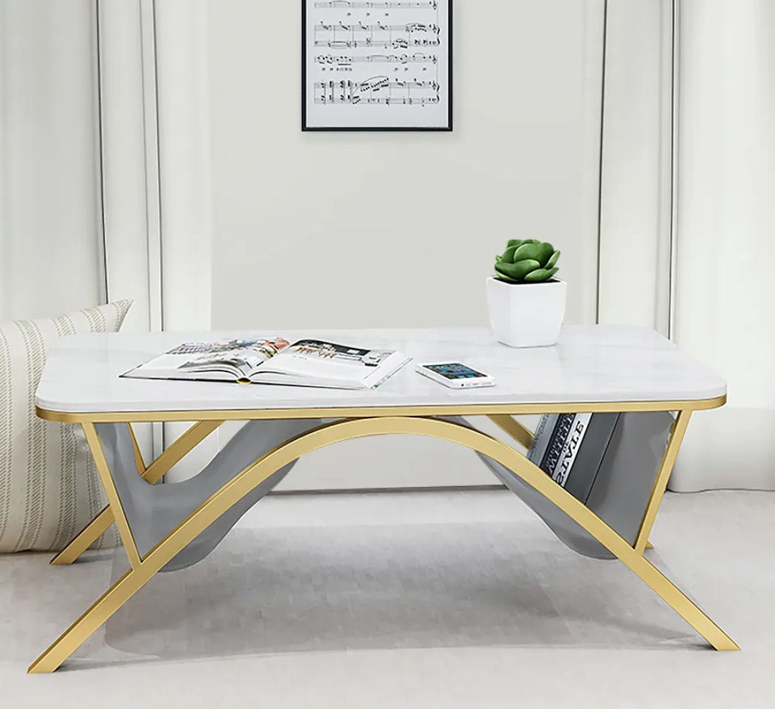 WHITE RECTANGULAR MARBLE COFFEE TABLE WITH MAGAZINE STORAGE
