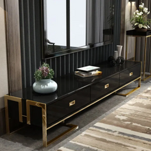 Load image into Gallery viewer, BLACK TV UNIT WITH 3 DRAWERS & GOLD FRAME