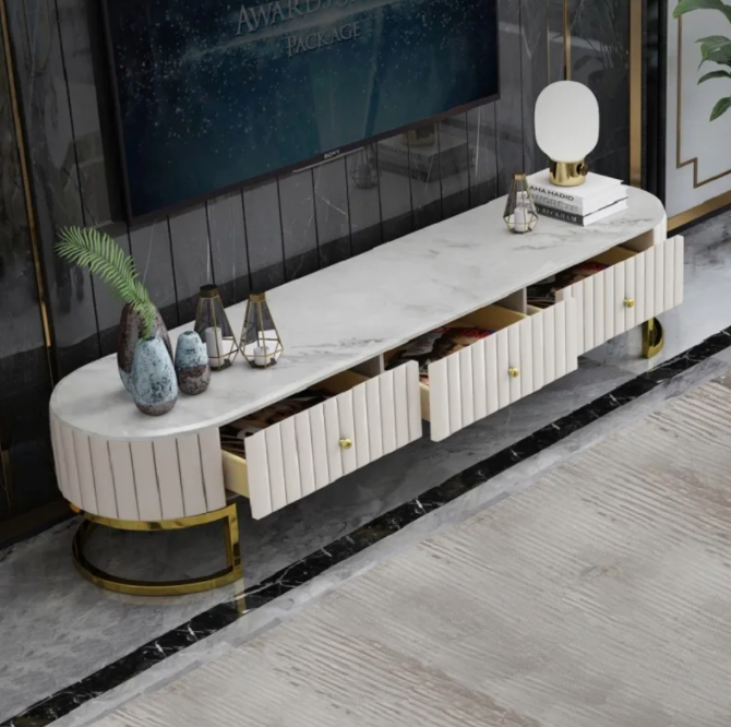 WHITE OVAL 180cm TV UNIT WITH 3 DRAWERS uniQue Home Furnishing
