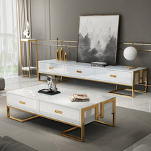 Load image into Gallery viewer, WHITE LARGE TV AND MEDIA UNIT WITH 3 DRAWERS AND GOLD BASE
