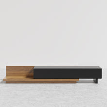 Load image into Gallery viewer, WALNUT AND BLACK ADJUSTABLE TV STAND WITH STORAGE
