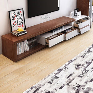 MODERN EXTENDABLE TV STAND WITH BOOKSHELF STORAGE & DRAWERS