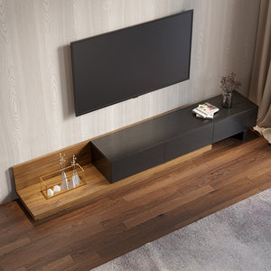 WALNUT AND BLACK ADJUSTABLE TV STAND WITH STORAGE