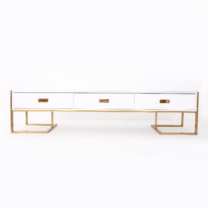 WHITE LARGE TV AND MEDIA UNIT WITH 3 DRAWERS AND GOLD BASE