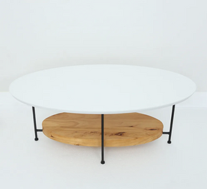OVAL COFFEE TABLE 2 TIERED WHITE AND NATURAL WOOD